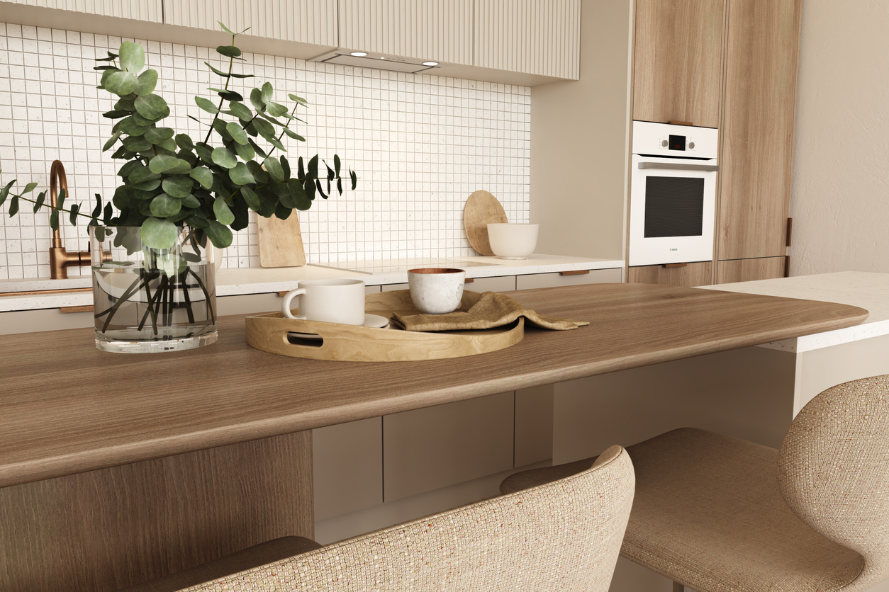 Close up view kitchen room interior with sink, oven and plant. Modern minimalist design. 3d render illustration. hemstädning