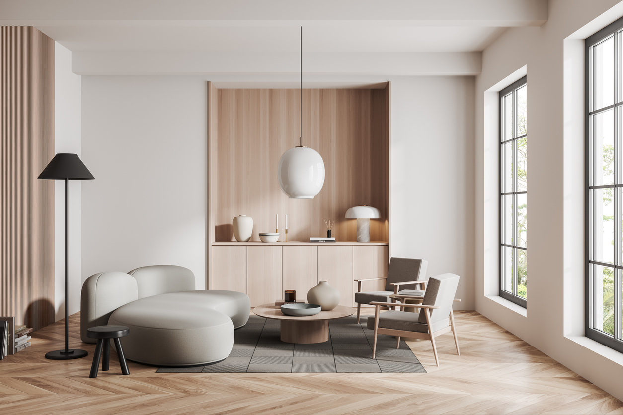 Light relaxing room interior with couch and dresser, panoramic window hemstädning